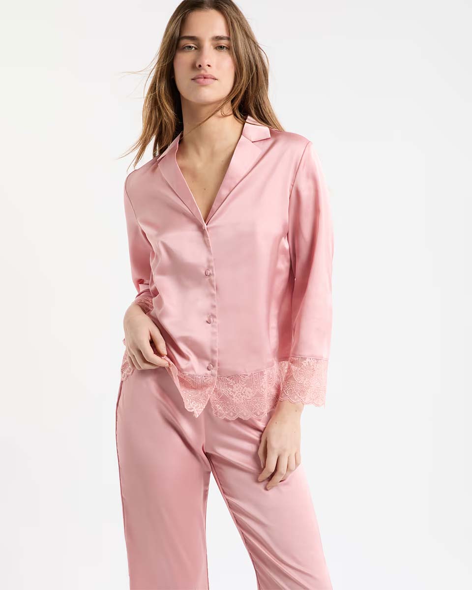 RENCONTRE - Satin pyjama shirt with lace detail - Image 3