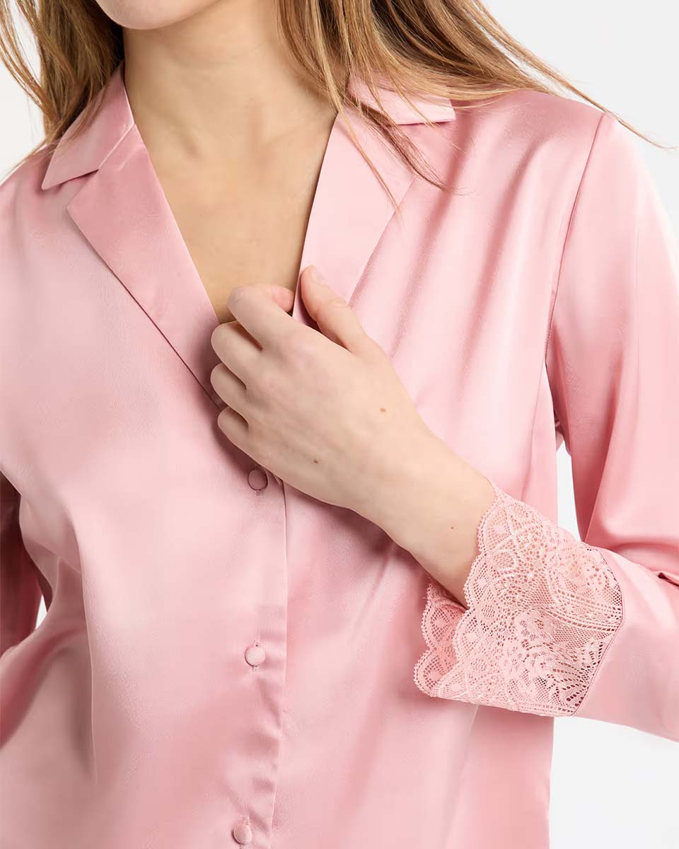 RENCONTRE - Satin pyjama shirt with lace detail - Image 4
